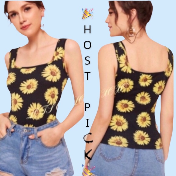Tops - Black Sunflower Print Slim Fit Tank Top